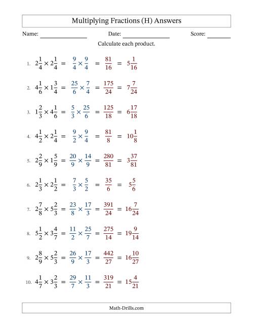 The Multiplying Two Mixed Fractions with No Simplification (H) Math Worksheet Page 2