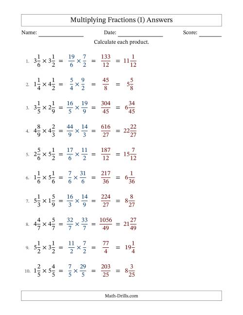 The Multiplying Two Mixed Fractions with No Simplification (I) Math Worksheet Page 2