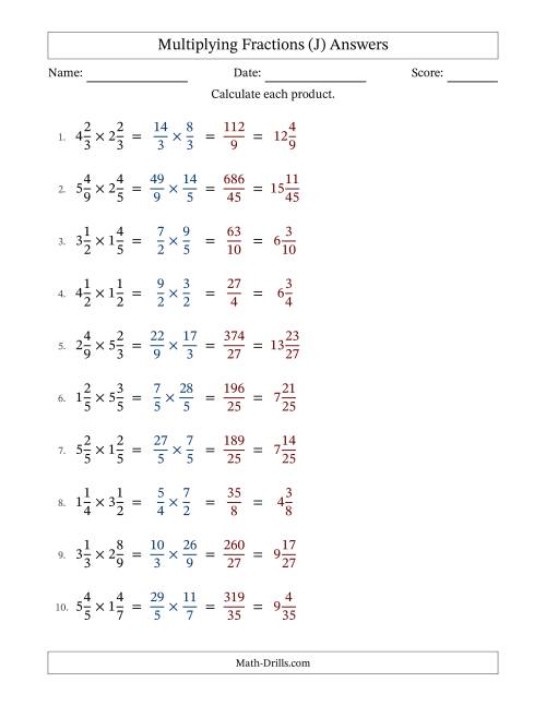 The Multiplying Two Mixed Fractions with No Simplification (J) Math Worksheet Page 2