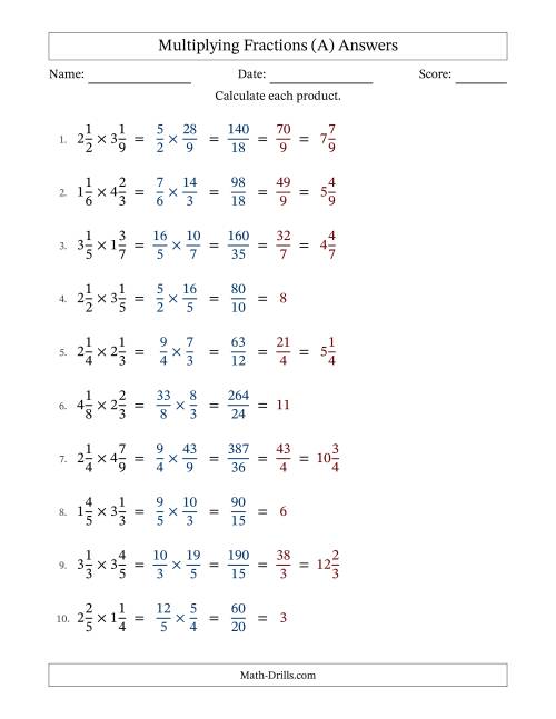 The Multiplying Two Mixed Fractions with All Simplifying (A) Math Worksheet Page 2