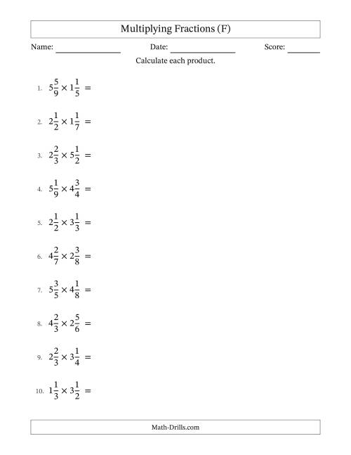 The Multiplying Two Mixed Fractions with All Simplification (F) Math Worksheet