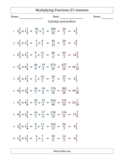 The Multiplying Two Mixed Fractions with All Simplification (F) Math Worksheet Page 2
