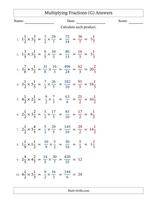 The Multiplying Two Mixed Fractions with All Simplification (G) Math Worksheet Page 2