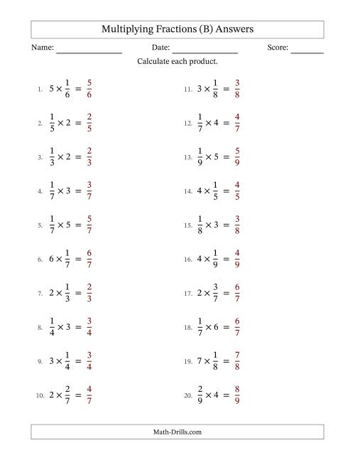 The Multiplying Proper Fractions by Whole Numbers with No Simplification (B) Math Worksheet Page 2