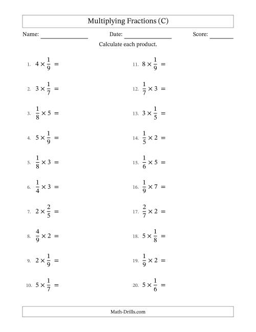The Multiplying Proper Fractions by Whole Numbers with No Simplification (C) Math Worksheet