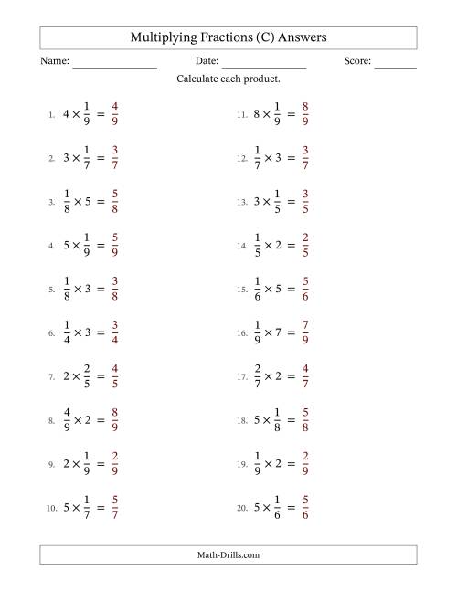 The Multiplying Proper Fractions by Whole Numbers with No Simplification (C) Math Worksheet Page 2