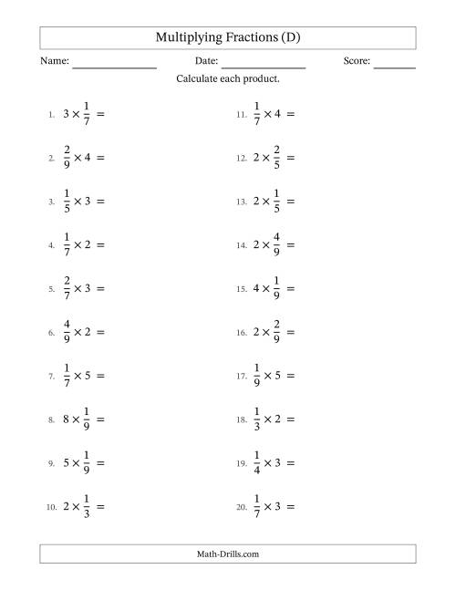 The Multiplying Proper Fractions by Whole Numbers with No Simplification (D) Math Worksheet