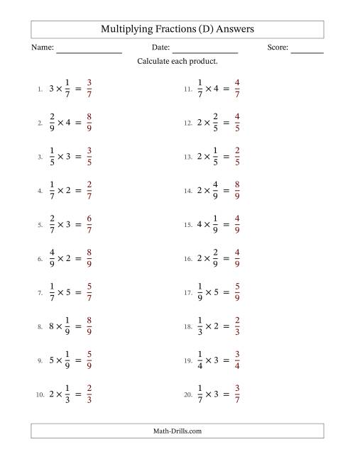 The Multiplying Proper Fractions by Whole Numbers with No Simplification (D) Math Worksheet Page 2