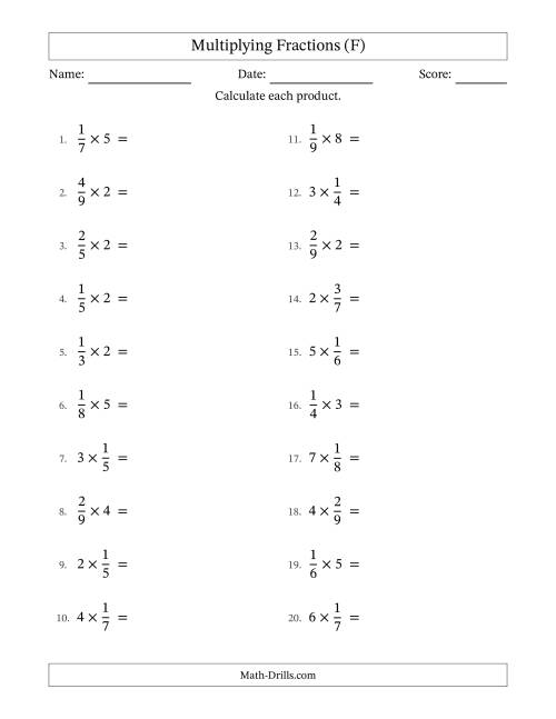 The Multiplying Proper Fractions by Whole Numbers with No Simplification (F) Math Worksheet