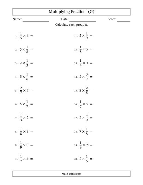 The Multiplying Proper Fractions by Whole Numbers with No Simplification (G) Math Worksheet