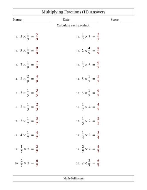 The Multiplying Proper Fractions by Whole Numbers with No Simplification (H) Math Worksheet Page 2