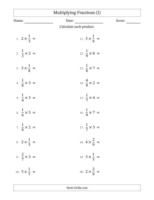 The Multiplying Proper Fractions by Whole Numbers with No Simplification (I) Math Worksheet