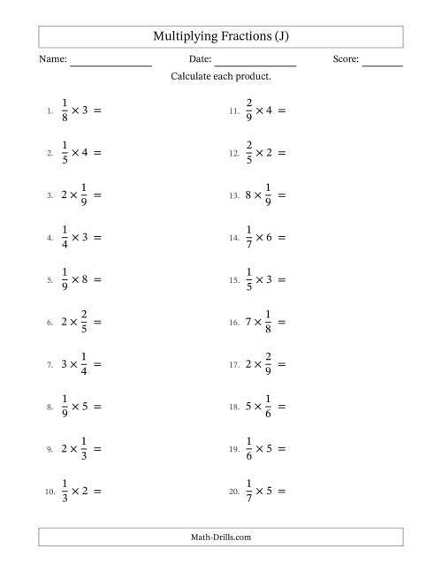 The Multiplying Proper Fractions by Whole Numbers with No Simplification (J) Math Worksheet