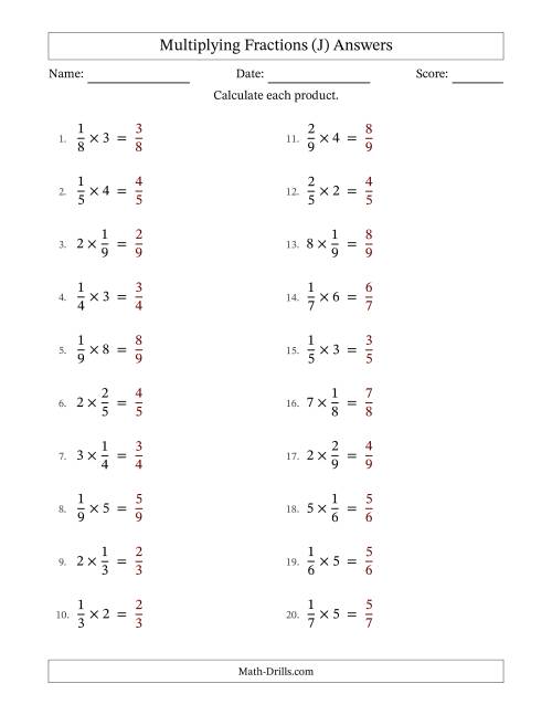 The Multiplying Proper Fractions by Whole Numbers with No Simplification (J) Math Worksheet Page 2
