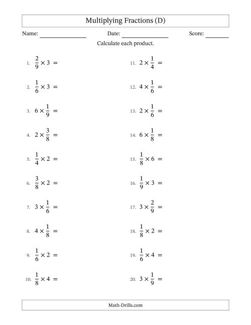 The Multiplying Proper Fractions by Whole Numbers with All Simplification (D) Math Worksheet
