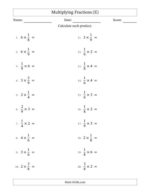 The Multiplying Proper Fractions by Whole Numbers with All Simplification (E) Math Worksheet