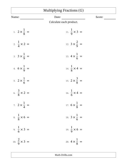 The Multiplying Proper Fractions by Whole Numbers with All Simplification (G) Math Worksheet