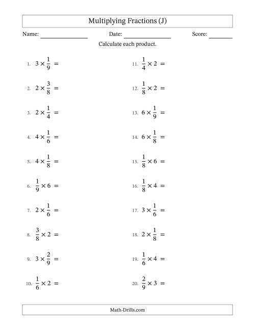 The Multiplying Proper Fractions by Whole Numbers with All Simplification (J) Math Worksheet