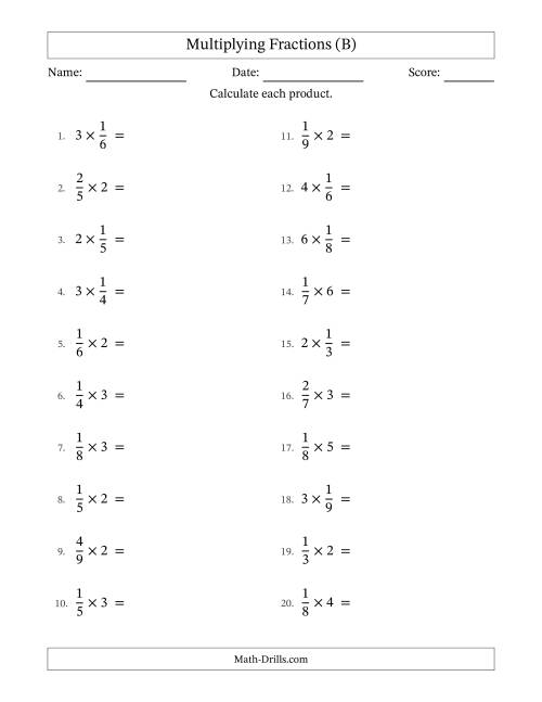 The Multiplying Proper Fractions by Whole Numbers with Some Simplification (B) Math Worksheet