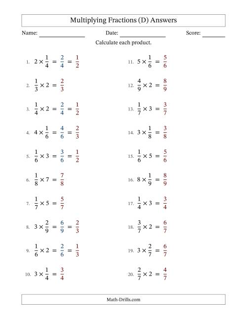 The Multiplying Proper Fractions by Whole Numbers with Some Simplification (D) Math Worksheet Page 2