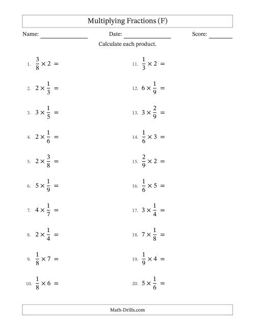 The Multiplying Proper Fractions by Whole Numbers with Some Simplification (F) Math Worksheet