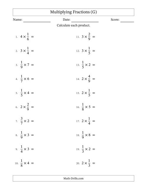 The Multiplying Proper Fractions by Whole Numbers with Some Simplification (G) Math Worksheet