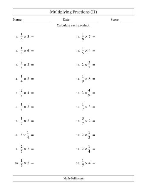 The Multiplying Proper Fractions by Whole Numbers with Some Simplification (H) Math Worksheet