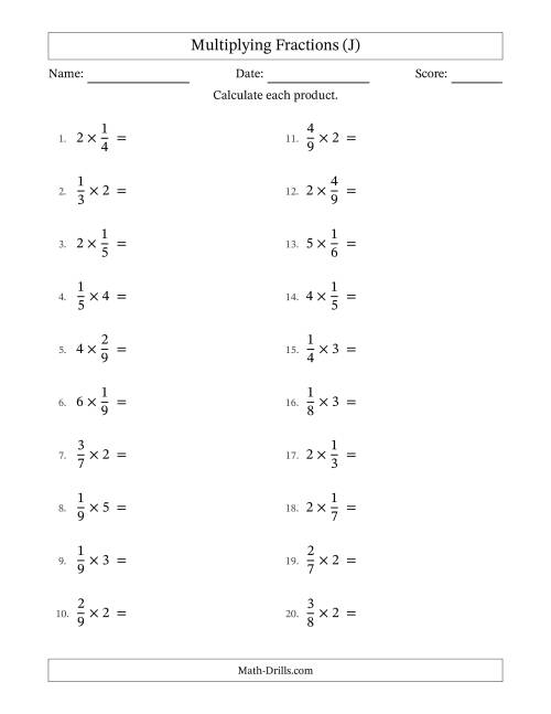 The Multiplying Proper Fractions by Whole Numbers with Some Simplification (J) Math Worksheet