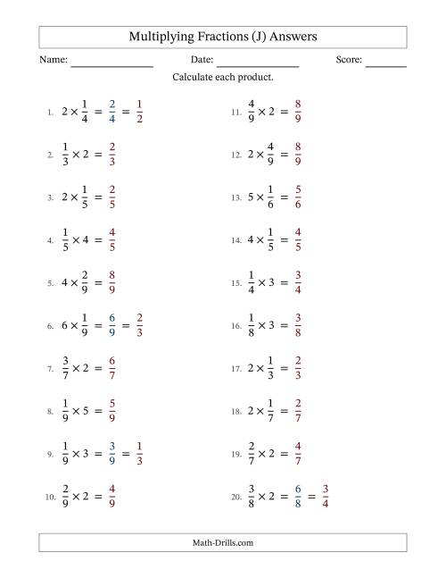 The Multiplying Proper Fractions by Whole Numbers with Some Simplification (J) Math Worksheet Page 2