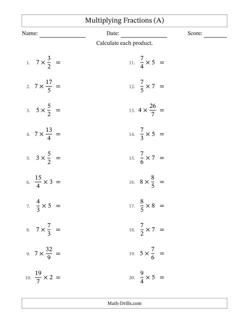 The Multiplying Improper Fractions by Whole Numbers with No Simplifying (A) Math Worksheet