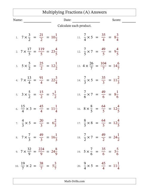 The Multiplying Improper Fractions by Whole Numbers with No Simplifying (A) Math Worksheet Page 2