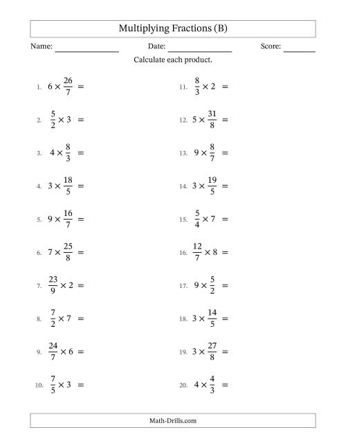 The Multiplying Improper Fractions by Whole Numbers with No Simplification (B) Math Worksheet