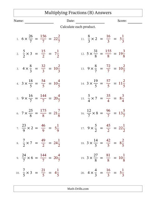 The Multiplying Improper Fractions by Whole Numbers with No Simplification (B) Math Worksheet Page 2
