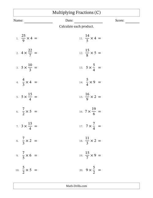 The Multiplying Improper Fractions by Whole Numbers with No Simplification (C) Math Worksheet