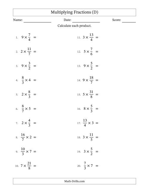 The Multiplying Improper Fractions by Whole Numbers with No Simplification (D) Math Worksheet
