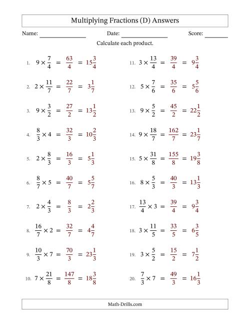 The Multiplying Improper Fractions by Whole Numbers with No Simplification (D) Math Worksheet Page 2