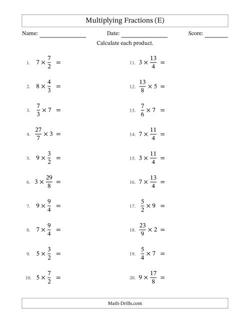 The Multiplying Improper Fractions by Whole Numbers with No Simplification (E) Math Worksheet