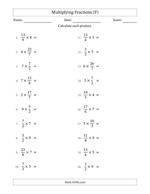The Multiplying Improper Fractions by Whole Numbers with No Simplification (F) Math Worksheet