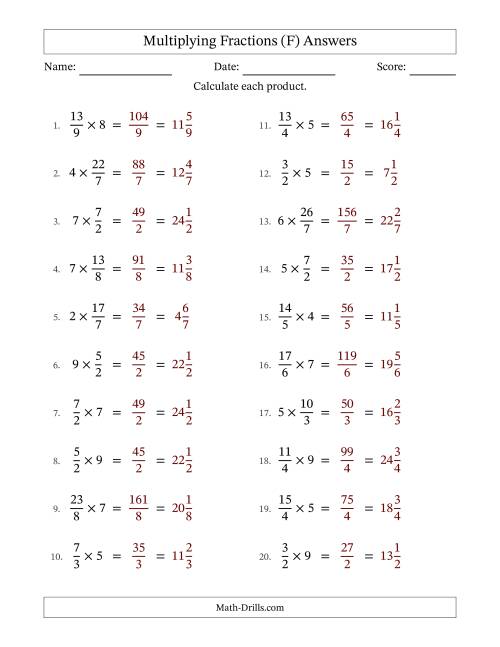 The Multiplying Improper Fractions by Whole Numbers with No Simplification (F) Math Worksheet Page 2