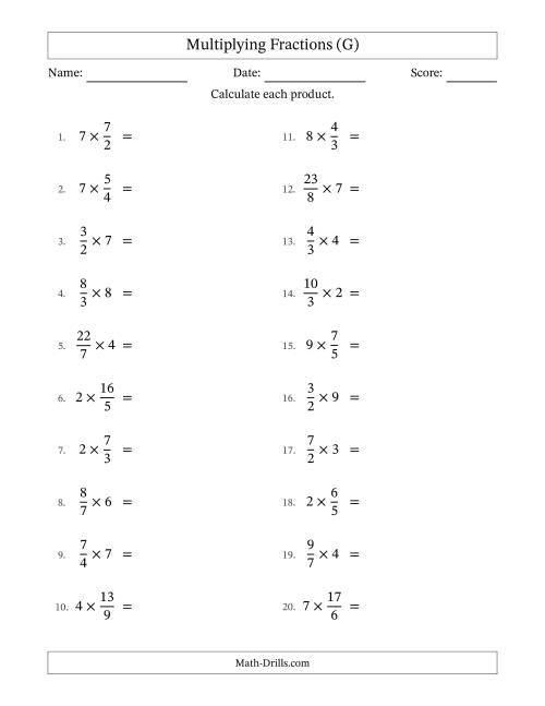 The Multiplying Improper Fractions by Whole Numbers with No Simplification (G) Math Worksheet