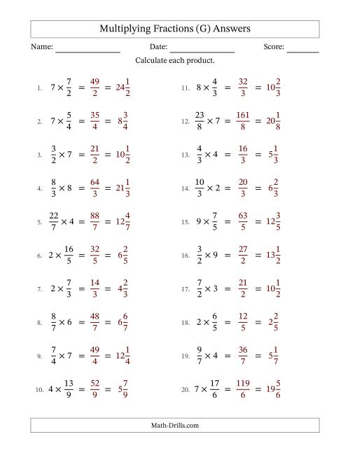 The Multiplying Improper Fractions by Whole Numbers with No Simplification (G) Math Worksheet Page 2