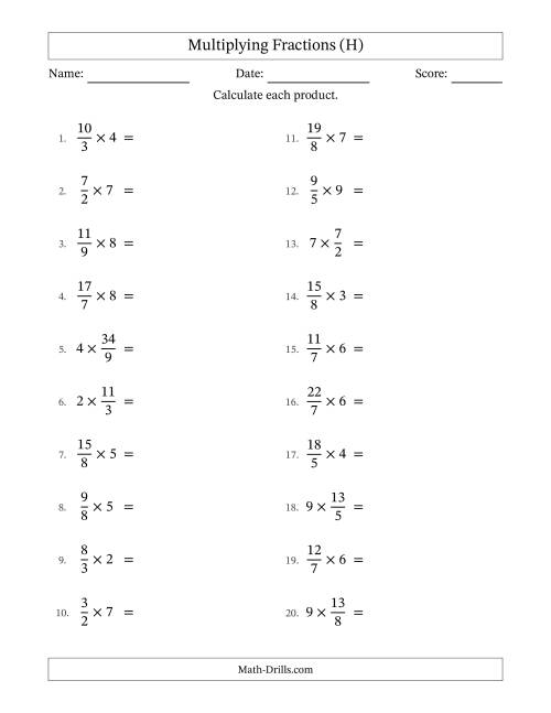 The Multiplying Improper Fractions by Whole Numbers with No Simplification (H) Math Worksheet