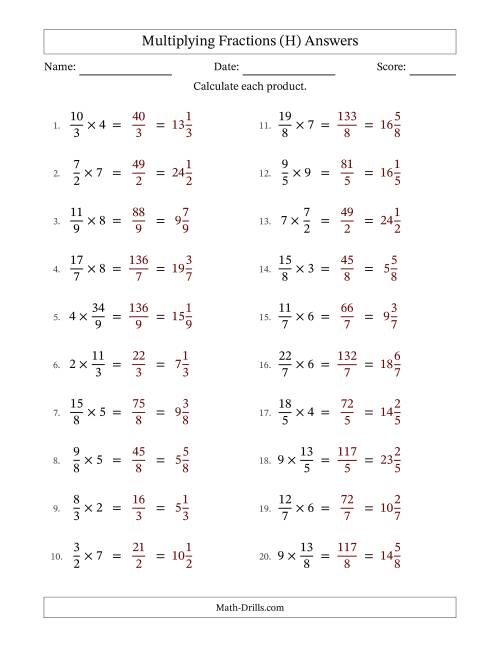 The Multiplying Improper Fractions by Whole Numbers with No Simplification (H) Math Worksheet Page 2