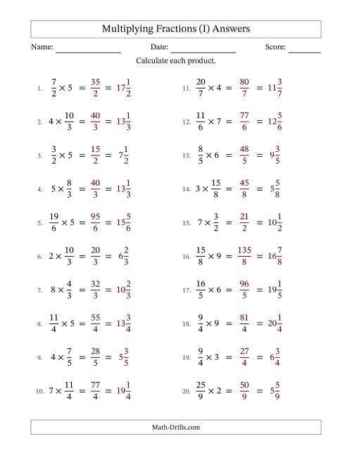 The Multiplying Improper Fractions by Whole Numbers with No Simplification (I) Math Worksheet Page 2