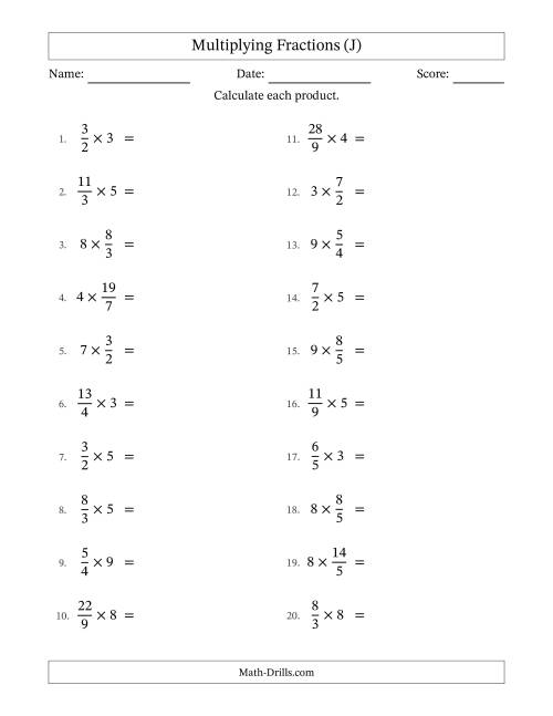 The Multiplying Improper Fractions by Whole Numbers with No Simplification (J) Math Worksheet