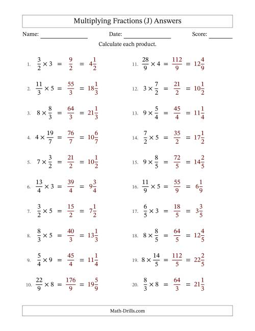 The Multiplying Improper Fractions by Whole Numbers with No Simplification (J) Math Worksheet Page 2