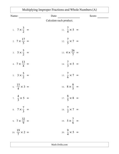 The Multiplying Improper Fractions by Whole Numbers with No Simplifying (All) Math Worksheet