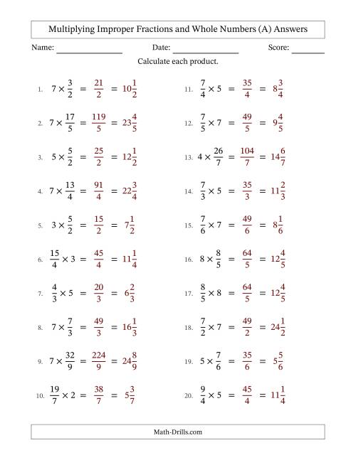 The Multiplying Improper Fractions by Whole Numbers with No Simplifying (All) Math Worksheet Page 2