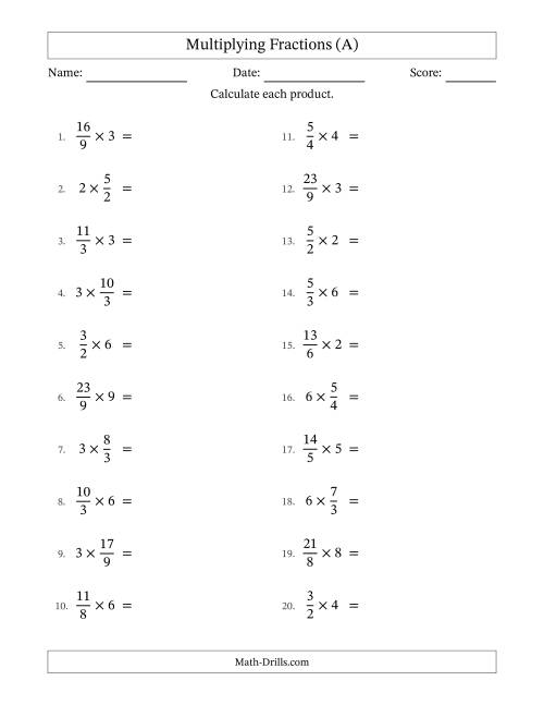 The Multiplying Improper Fractions by Whole Numbers with All Simplifying (A) Math Worksheet