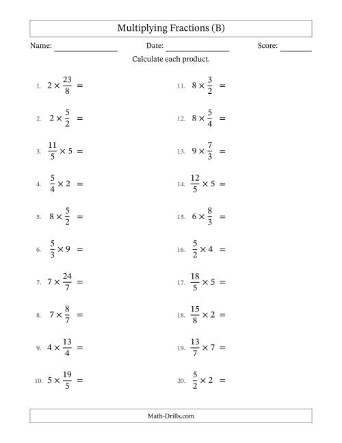 The Multiplying Improper Fractions by Whole Numbers with All Simplification (B) Math Worksheet